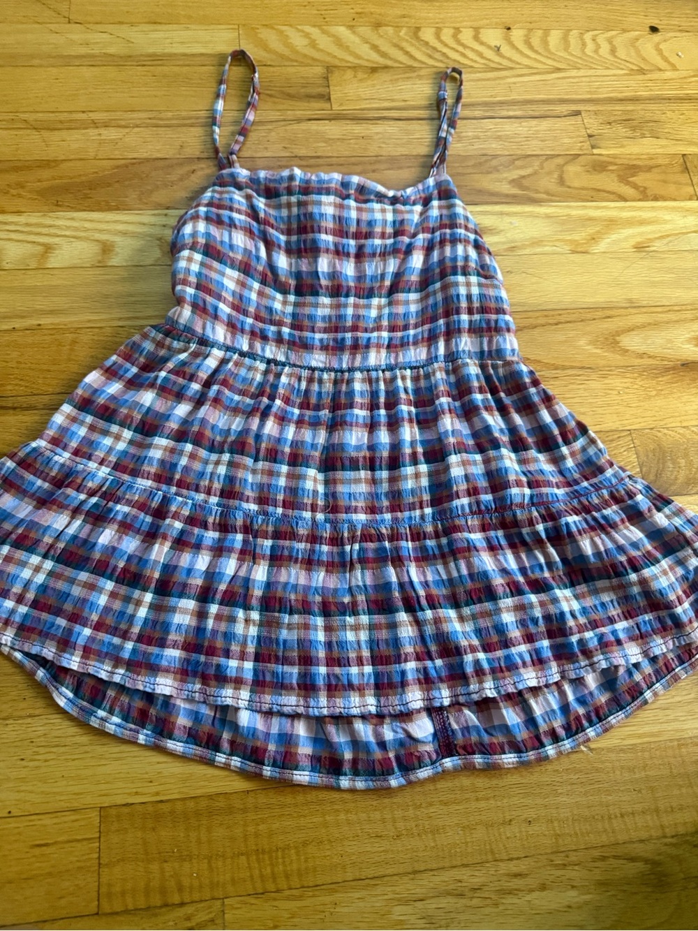 Small Plaid Spaghetti-Strap Tiered Top in great shape with cut out tie back back